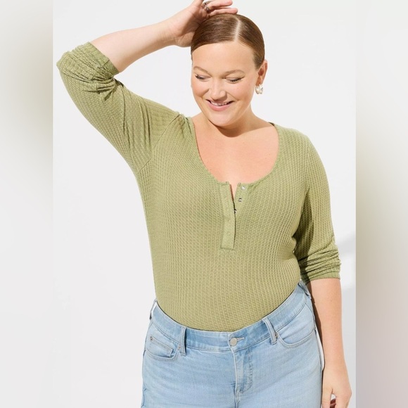 Torrid Waffle Knit Snap V-Neck Henley Olive Green Women's Long Sleeve Top 5X - Picture 1 of 8